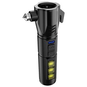LED Flashlight Multi-functional Safety Hammer Flashlight USB Charging Portable Strong Light Torch For Camping Hiking Fishing black